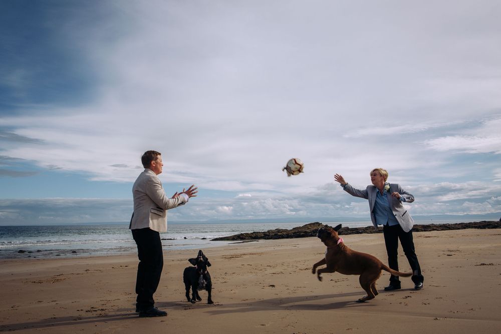 A sequence of silhouettes on a beach shows a romantic proposal scene unfolding against a cloudy sky.