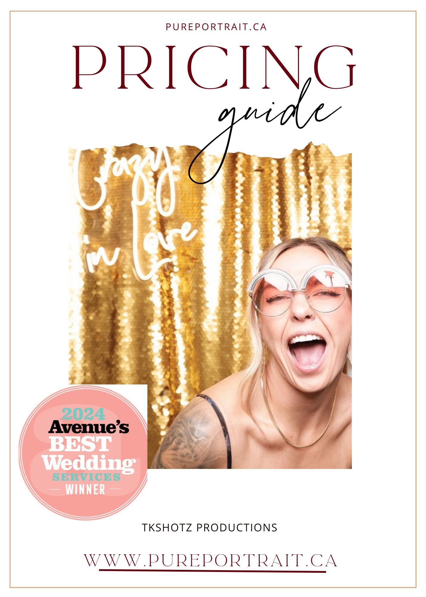 Professional portrait photography pricing banner with gold sequin backdrop and joyful expressions showcasing Pure Portrait studio.
