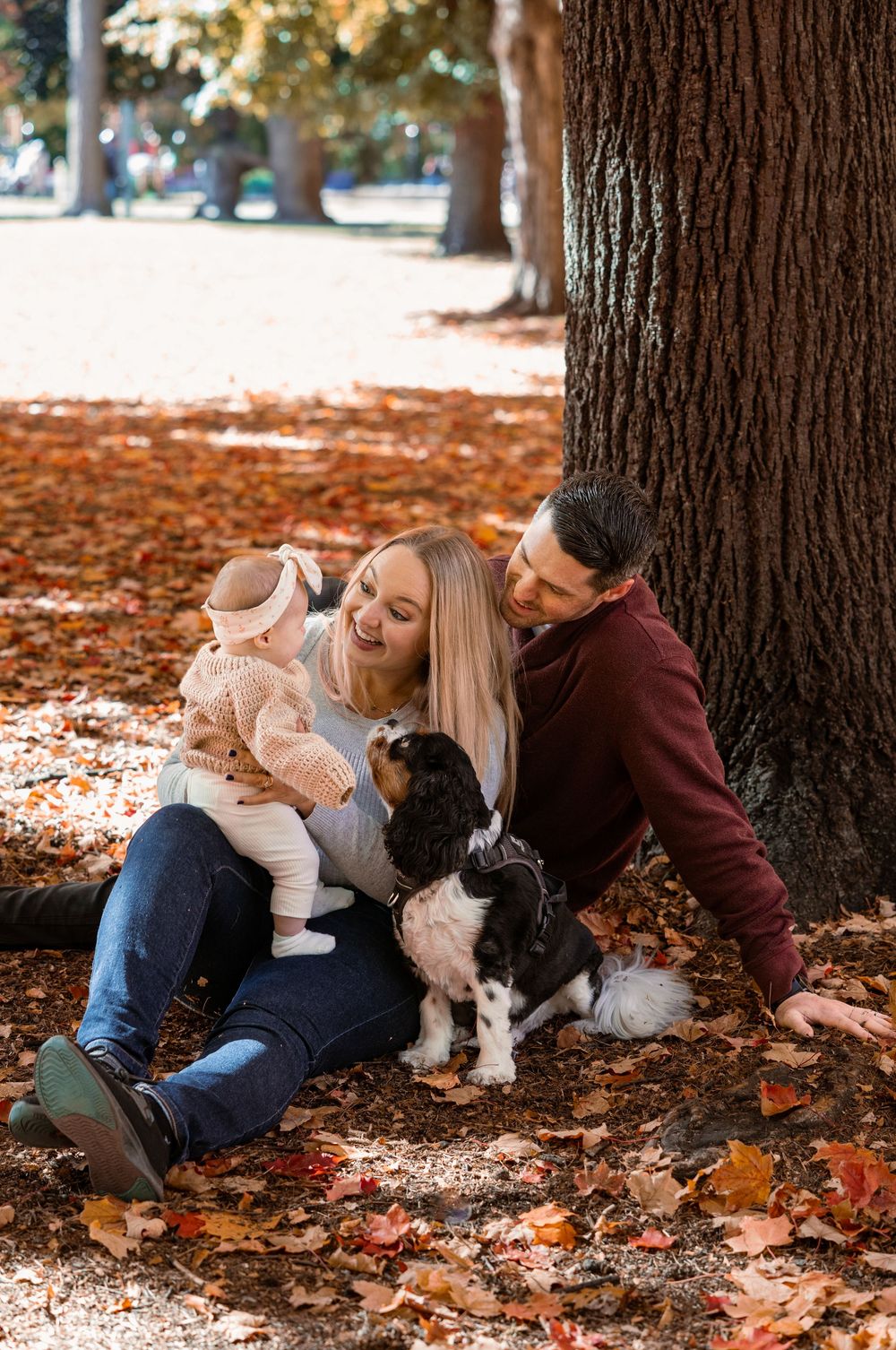 A couple relaxes with their black and white dog on fallen autumn leaves beneath tall trees in a park.