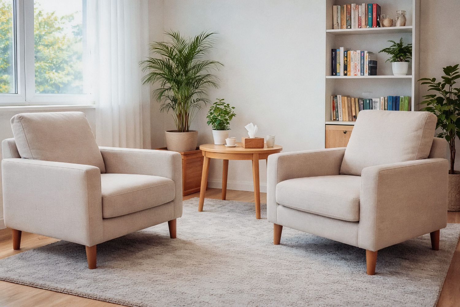 Beige upholstered armchair with wooden legs shown from multiple angles in a bright modern living room with bookshelves.