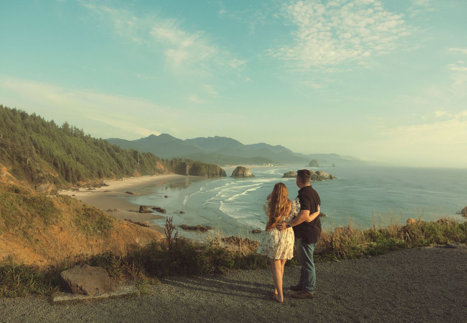 Panoramic coastal landscape series showing scenic cliffs and ocean views along a winding mountain path at sunset.