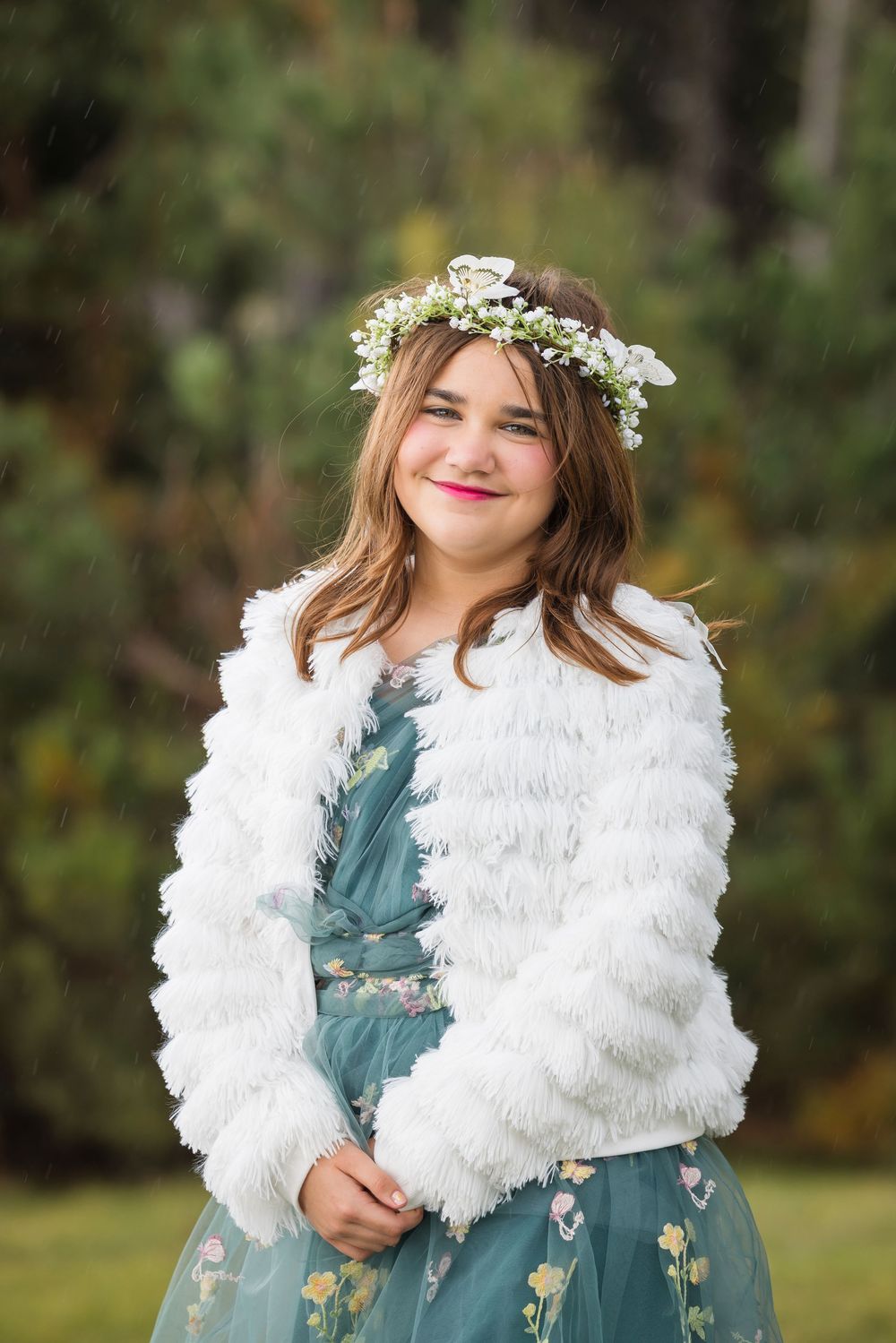 A series of photos showing someone in a white fur shawl and floral crown against a natural outdoor backdrop.