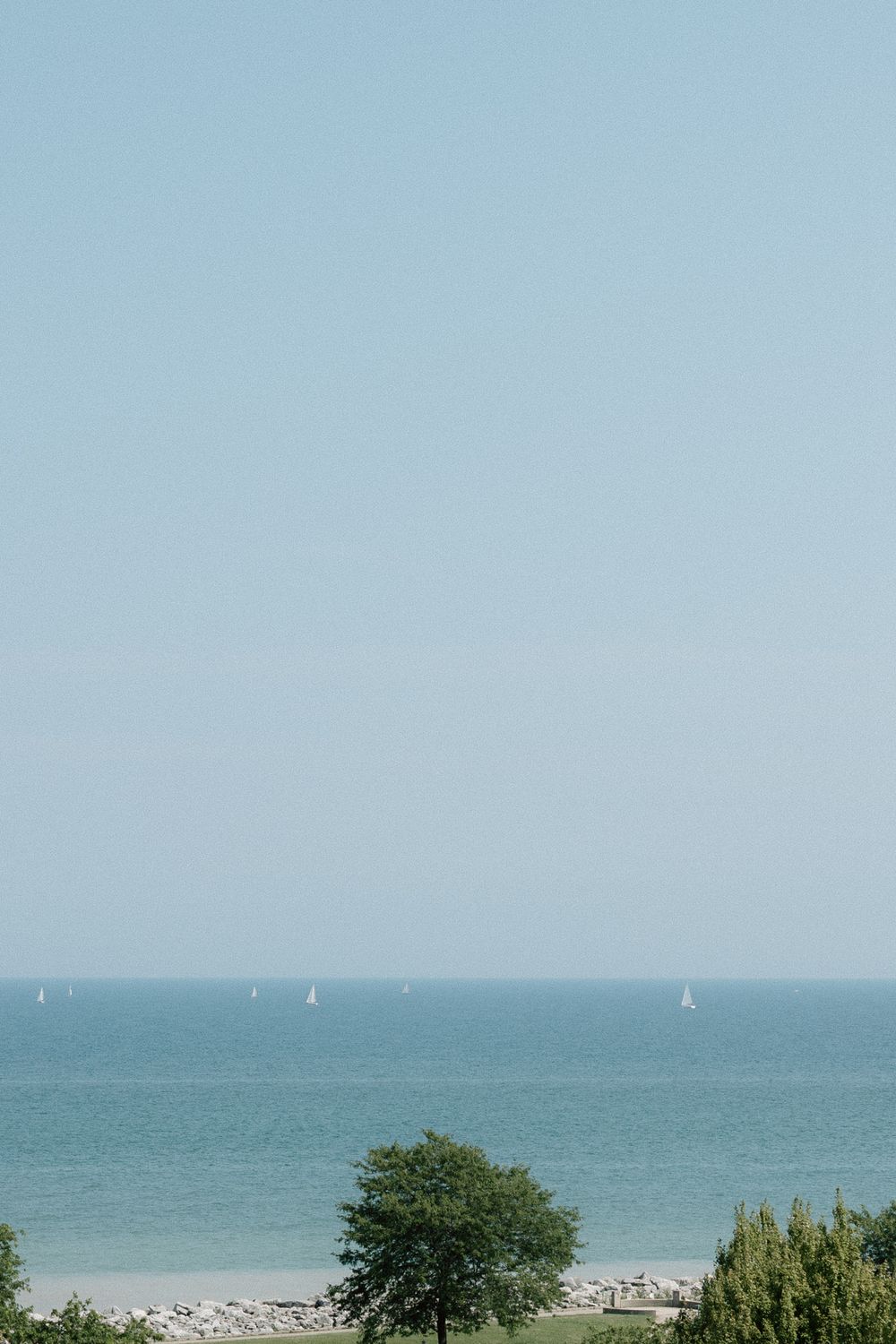 Tranquil seascape view with blue ocean waters, clear sky, and green coastal vegetation in the foreground.
