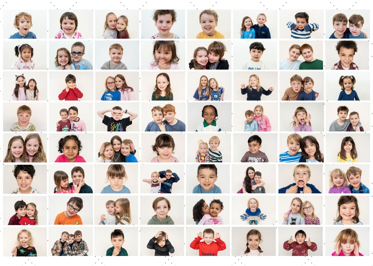 A photo collage grid showing multiple candid portraits of children in casual settings with various expressions and poses.