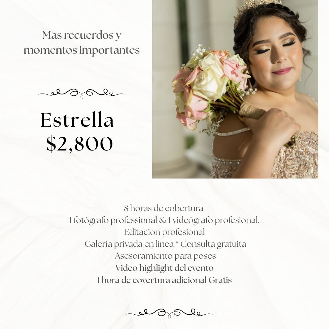 Professional wedding photography price list and package details displayed in elegant script font on white background.