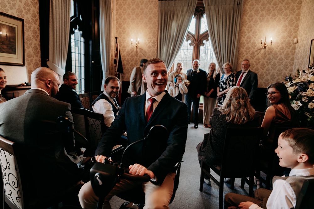 A series of black and white wedding ceremony photos showing guests watching and reacting during an emotional moment.