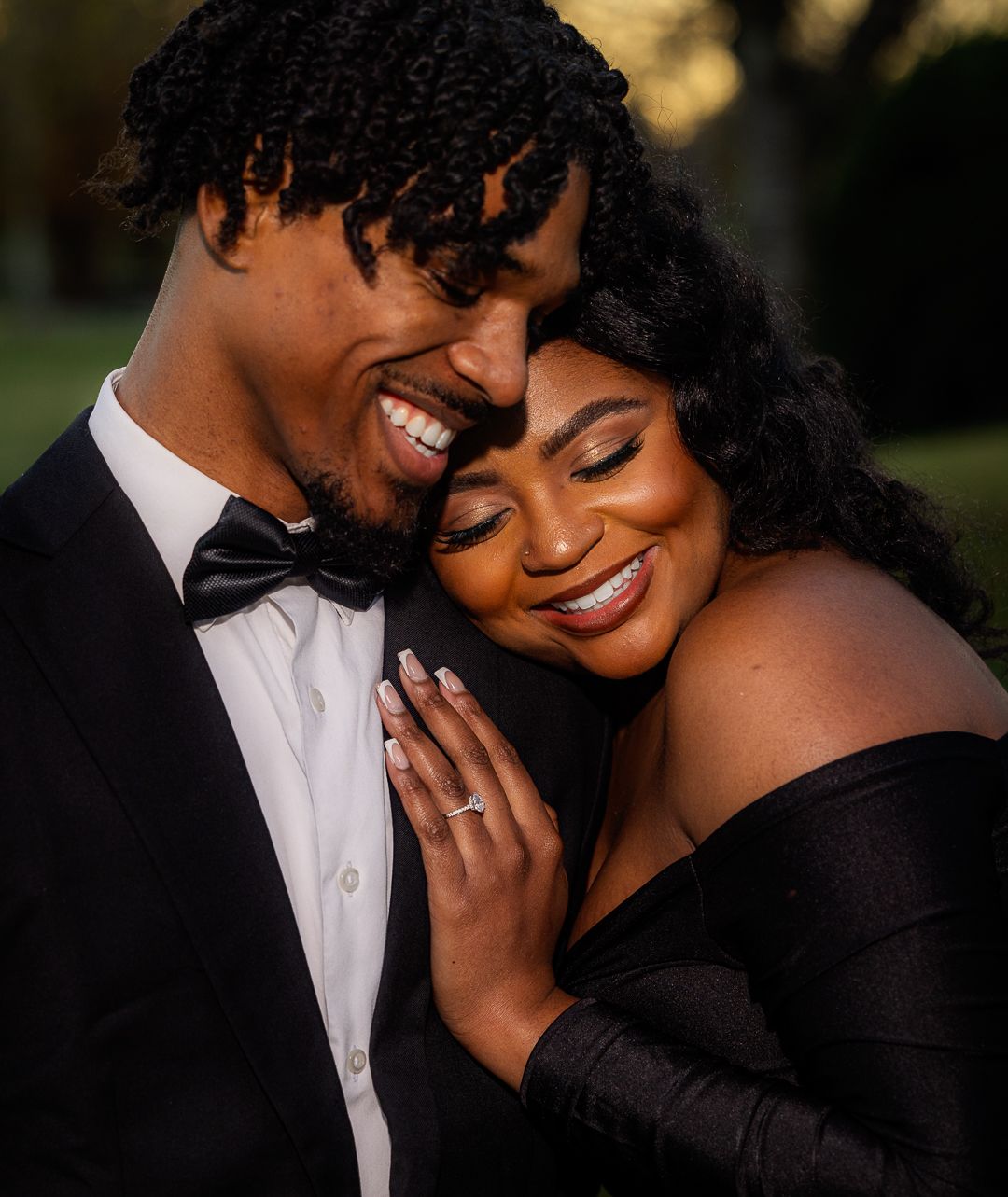 Frederick Maryland Wedding Photographer    Intimate close-up portraits of a couple in formal attire sharing tender moments at sunset.