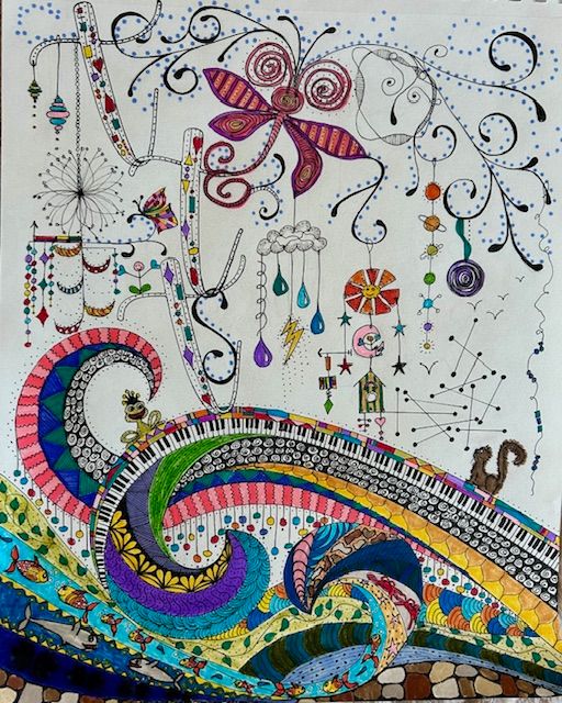 Colorful whimsical design featuring piano keys, swirls, and hanging decorative elements in rainbow colors.