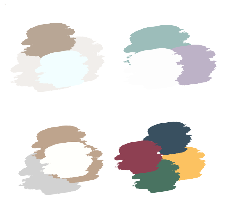 Two rows of color swatches featuring muted tones including taupe, sage green, burgundy, navy, and mustard yellow on a pure white background.