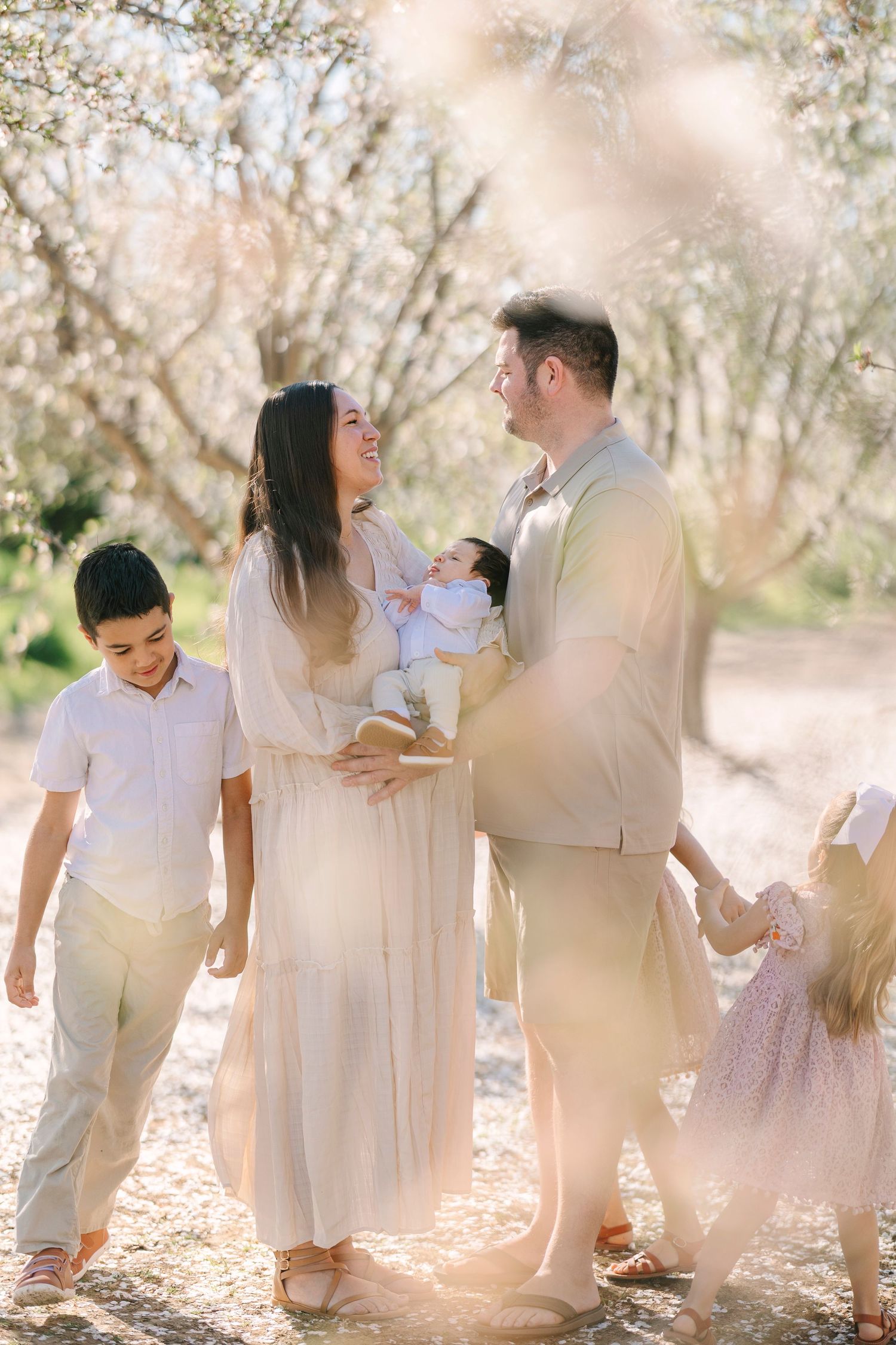 Family photoshoot in a dreamy orchard setting with soft natural lighting and white outfits.