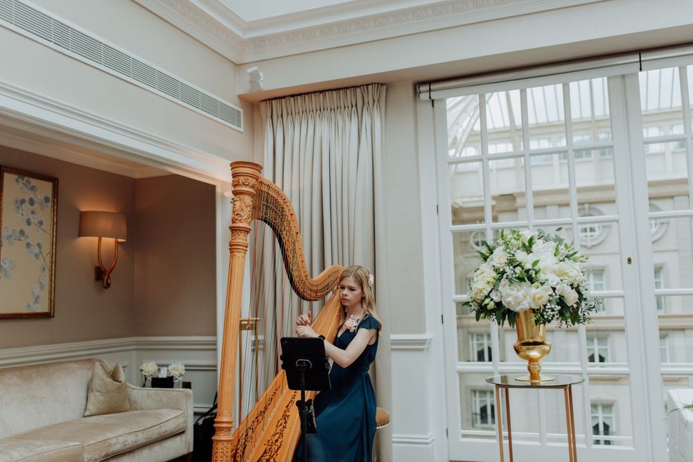 A musician performs on a golden harp by large windows in an elegant room with white floral arrangements.