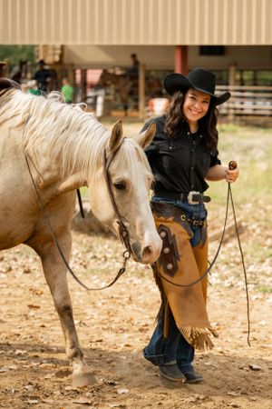 A cream-colored horse with flowing mane stands in a dusty arena with western tack.