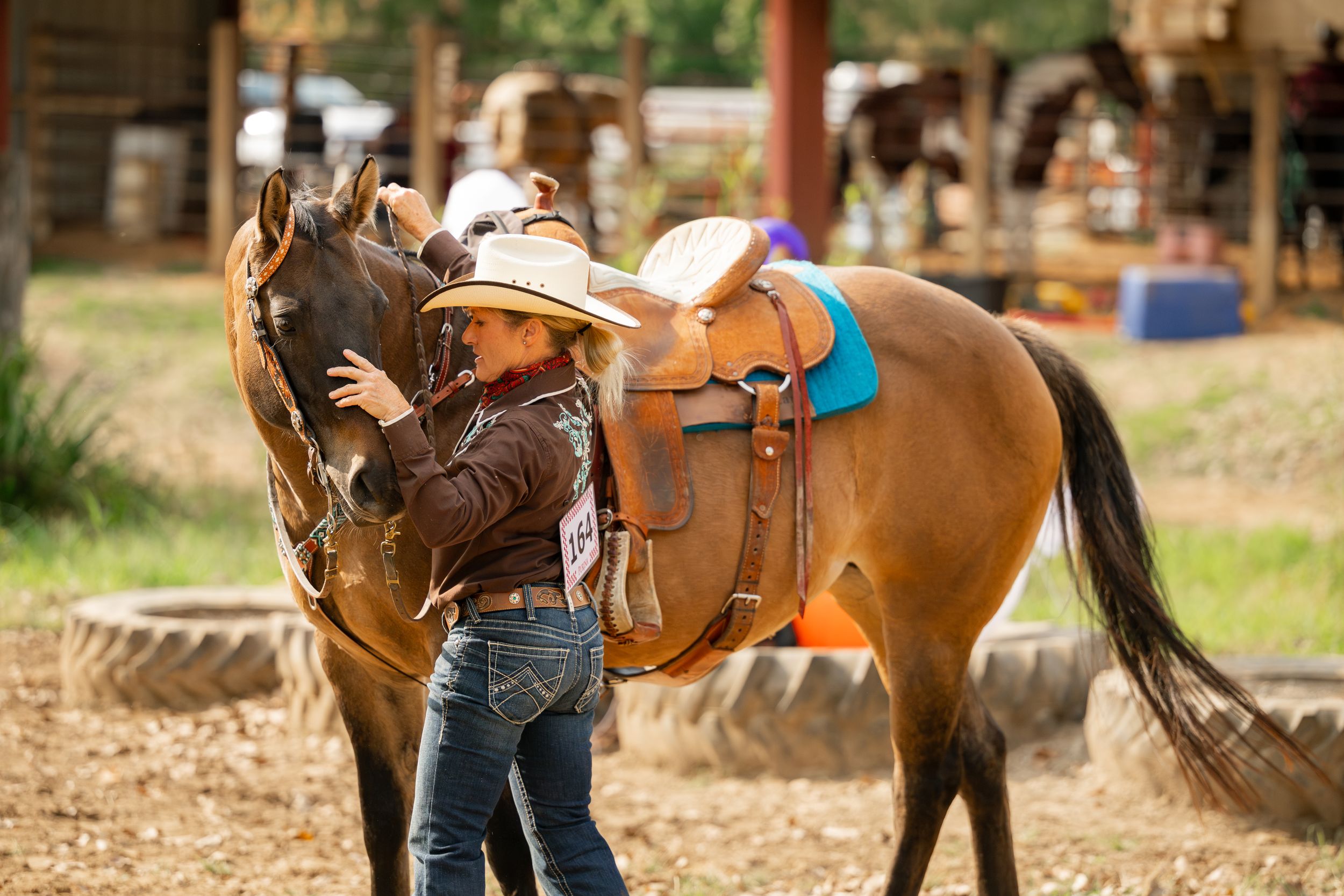 Brown horse with western saddle being prepared for riding at ranch.