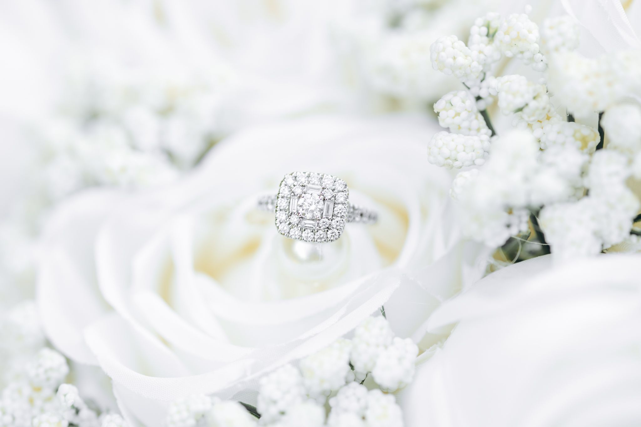 Close-up of delicate white rose petals and baby's breath flowers creating a romantic floral background.