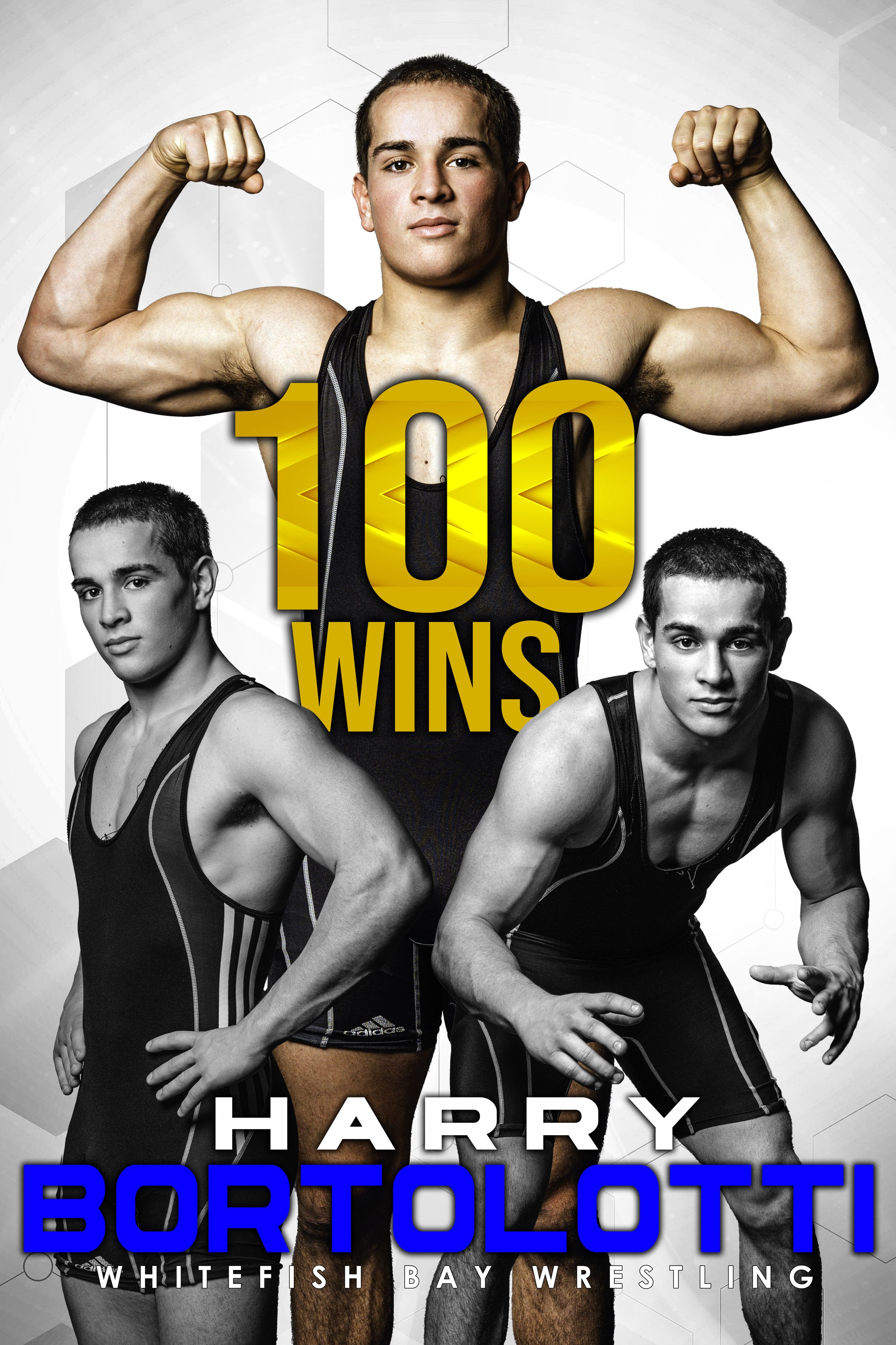 Wrestling athlete achievement poster showcasing 100 wins milestone with dramatic poses.