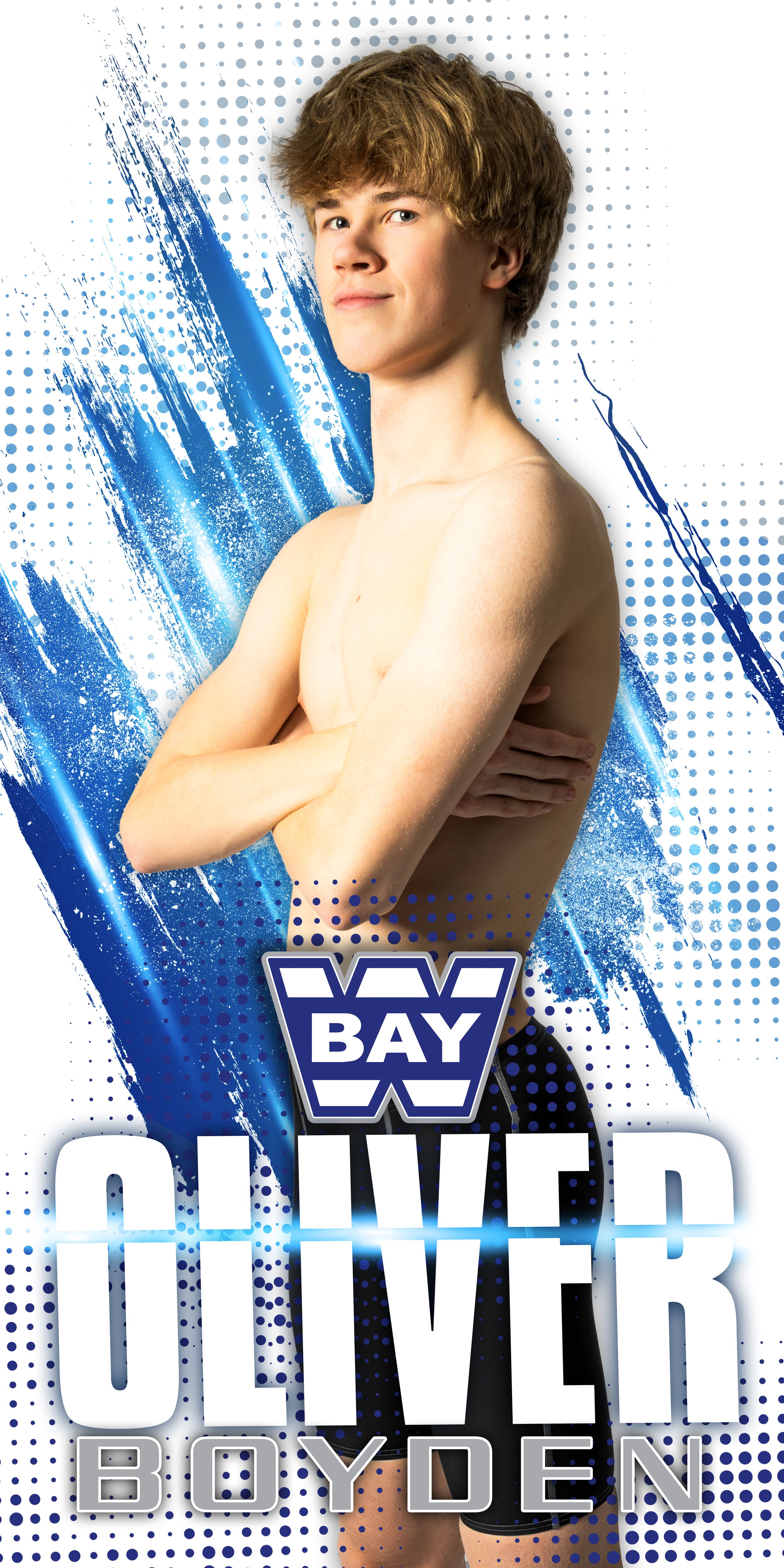 Athletic figure poses against dynamic blue splash background with Bay text logo in promotional sports advertisement.