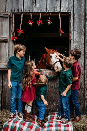 Children gathered around horse for Christmas photography captured by Maryland family photographer Mallory Bramlett.
