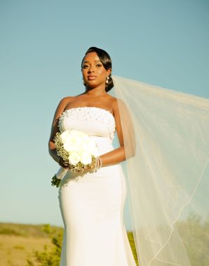 A stunning bridal portrait in golden light showcases a fitted white wedding gown and flowing veil against a blue sky.