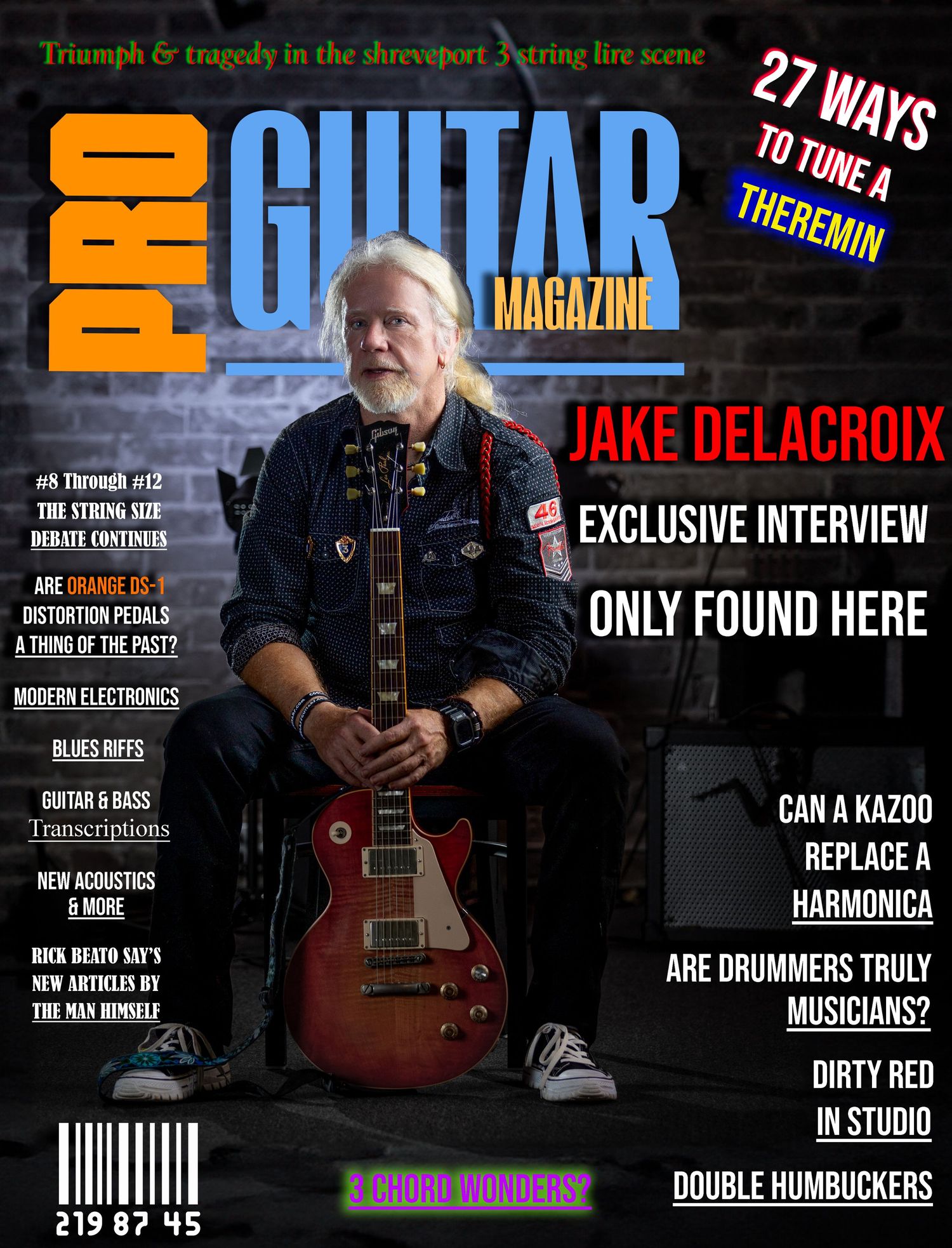 Guitar magazine cover featuring a musician in denim holding a classic red electric guitar against a dark background.