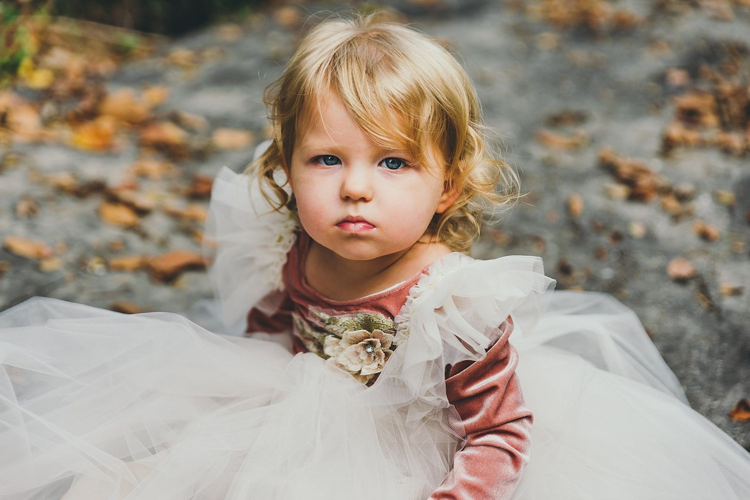 Young child in tulle dress sitting among autumn leaves.