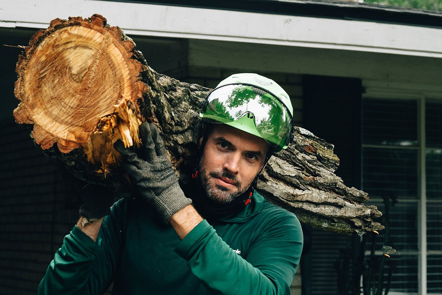 Person in green sweater carrying a large stack of firewood logs.