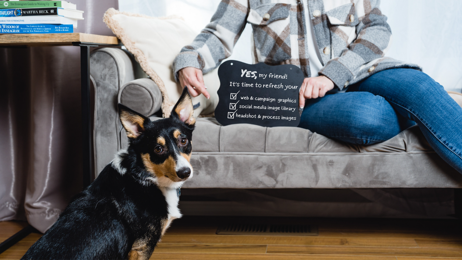 dog looking at sign saying to refresh brand images