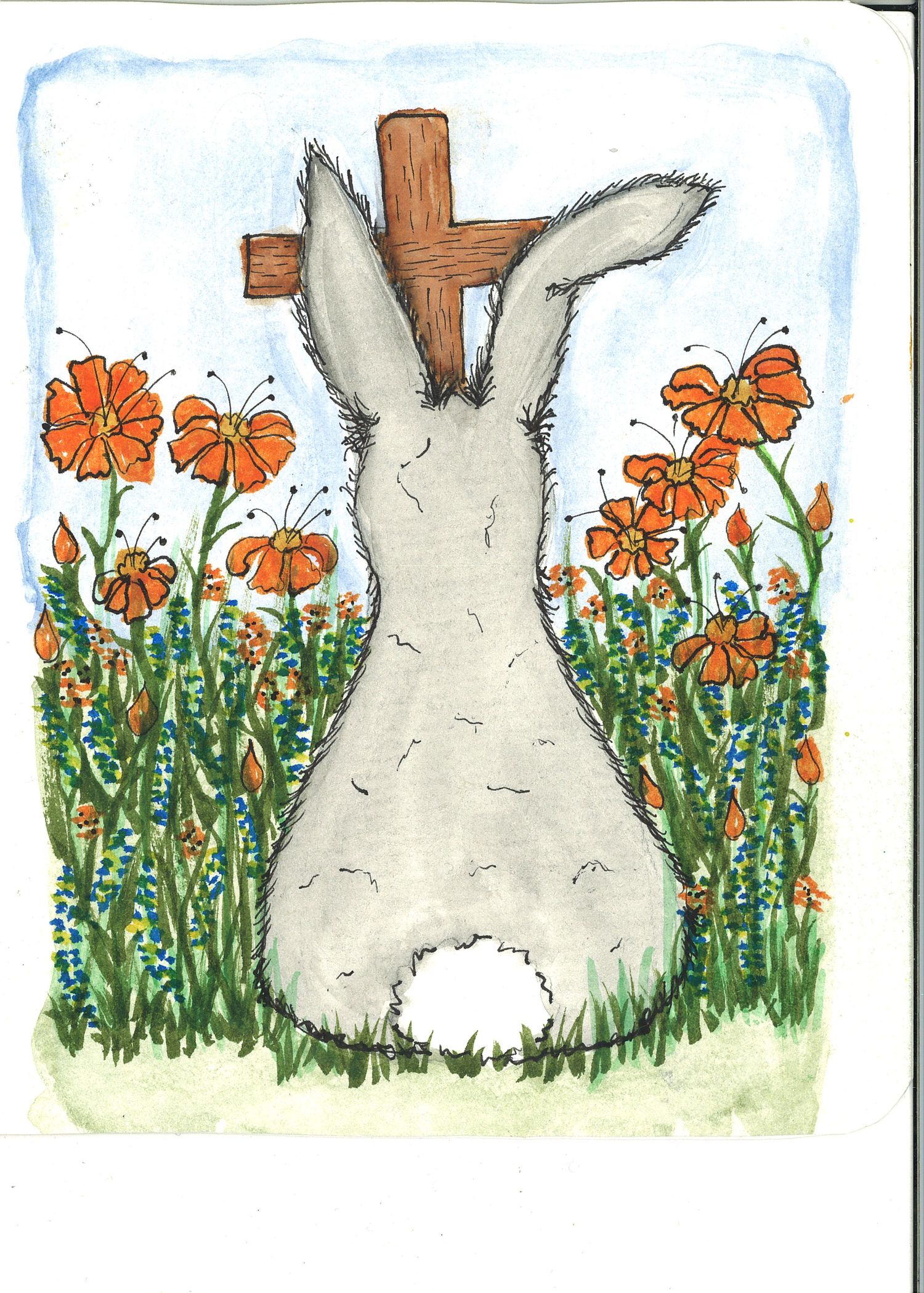 A white bunny sitting in a garden of orange flowers with a wooden cross behind it, illustrated in watercolor style.