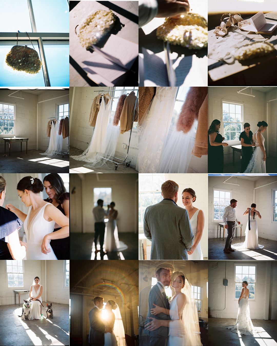 Collection of candid wedding preparation and ceremony moments in natural light.