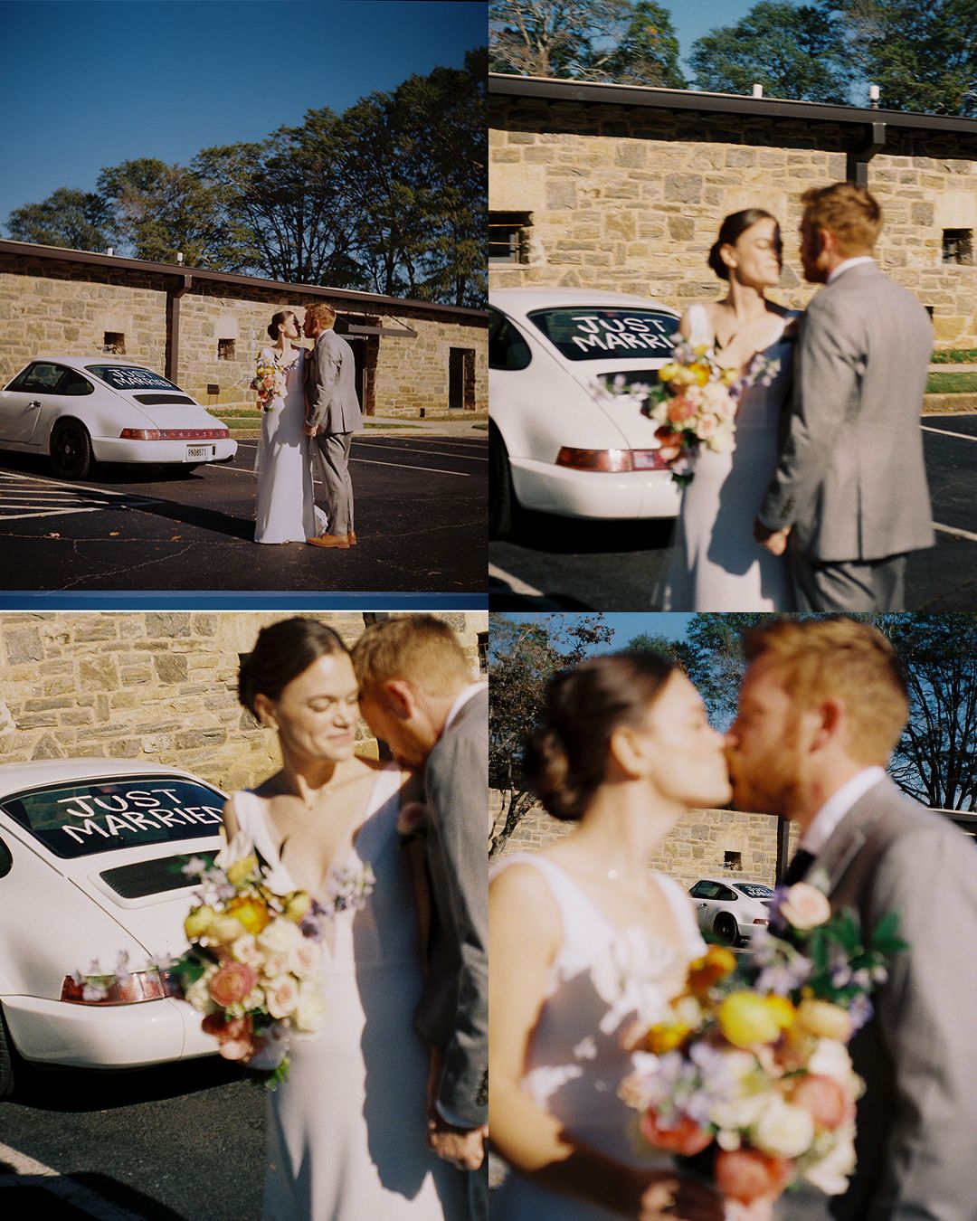 Wedding photo collage featuring a couple with their car and floral bouquet in natural lighting.