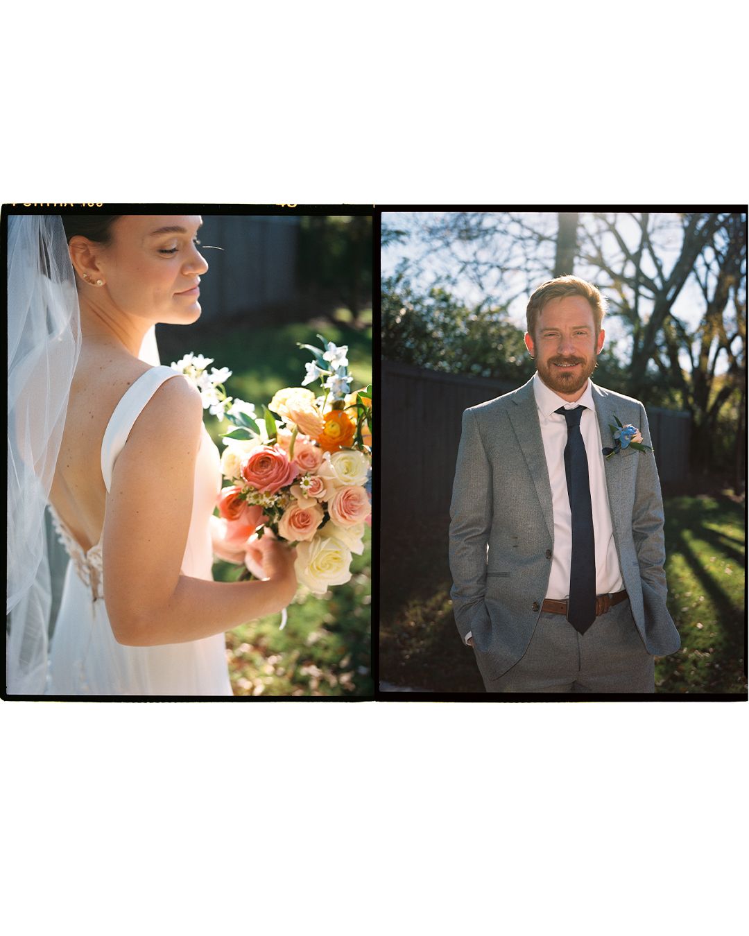 Wedding day portrait series showing details of formal attire and flowers in outdoor setting.