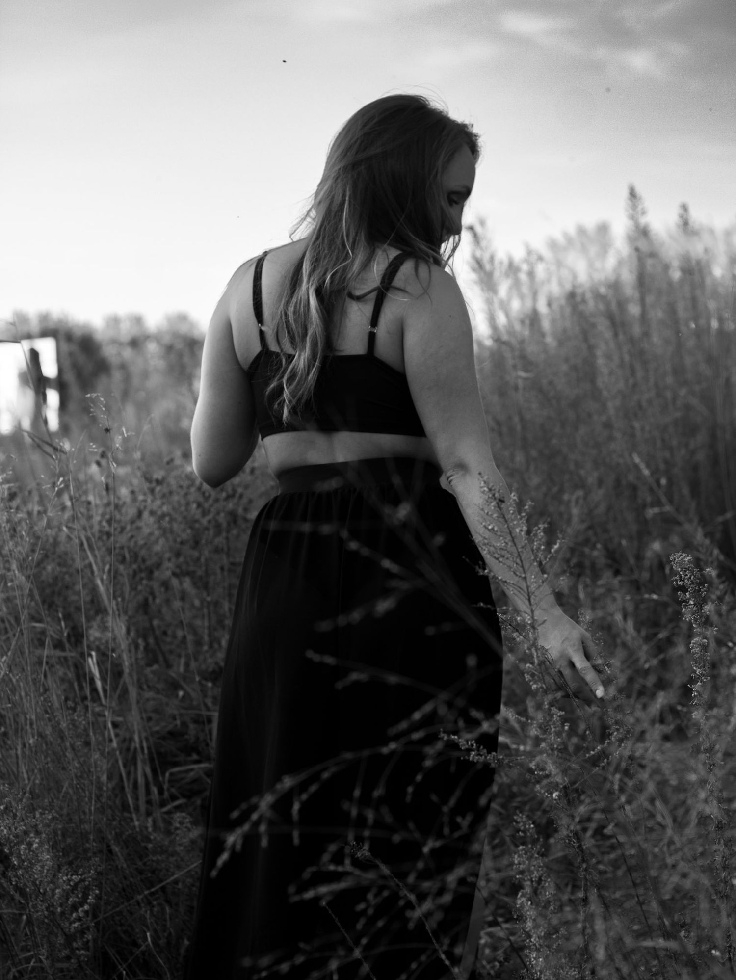 Black and white photo of person walking through tall grass field.