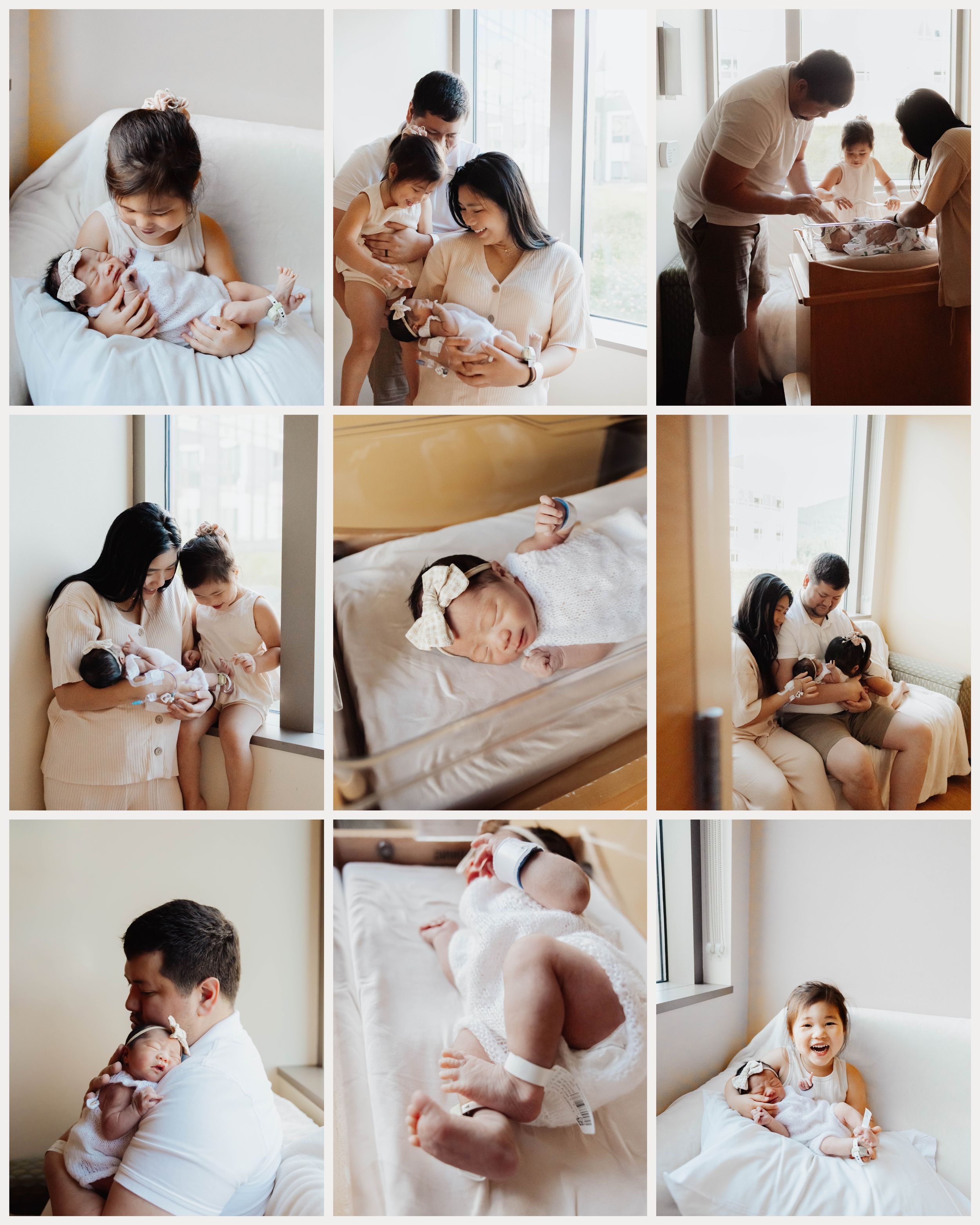 Heartwarming collage of intimate family moments with a newborn baby in various indoor settings.