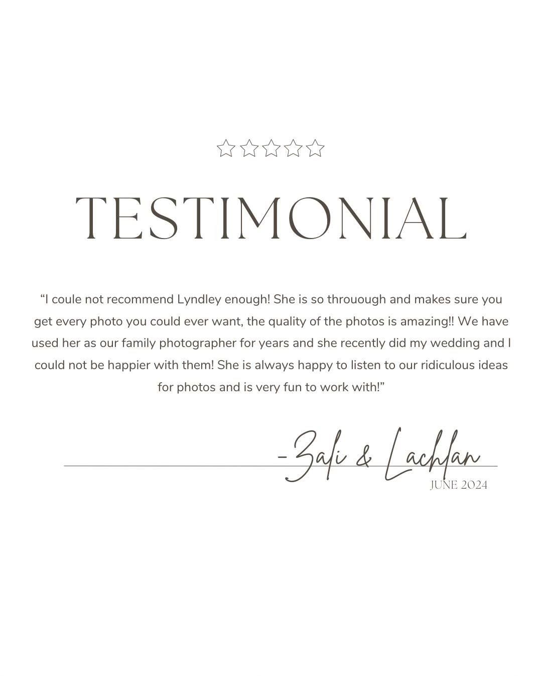 Wedding photography testimonial featuring elegant typography and client signature.