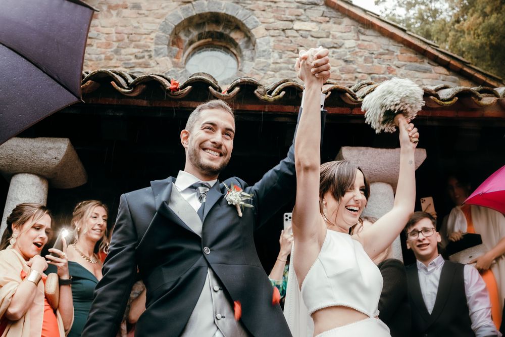 A sequence of candid wedding photos showing joyful emotions shared between wedding guests and the couple during celebrations.