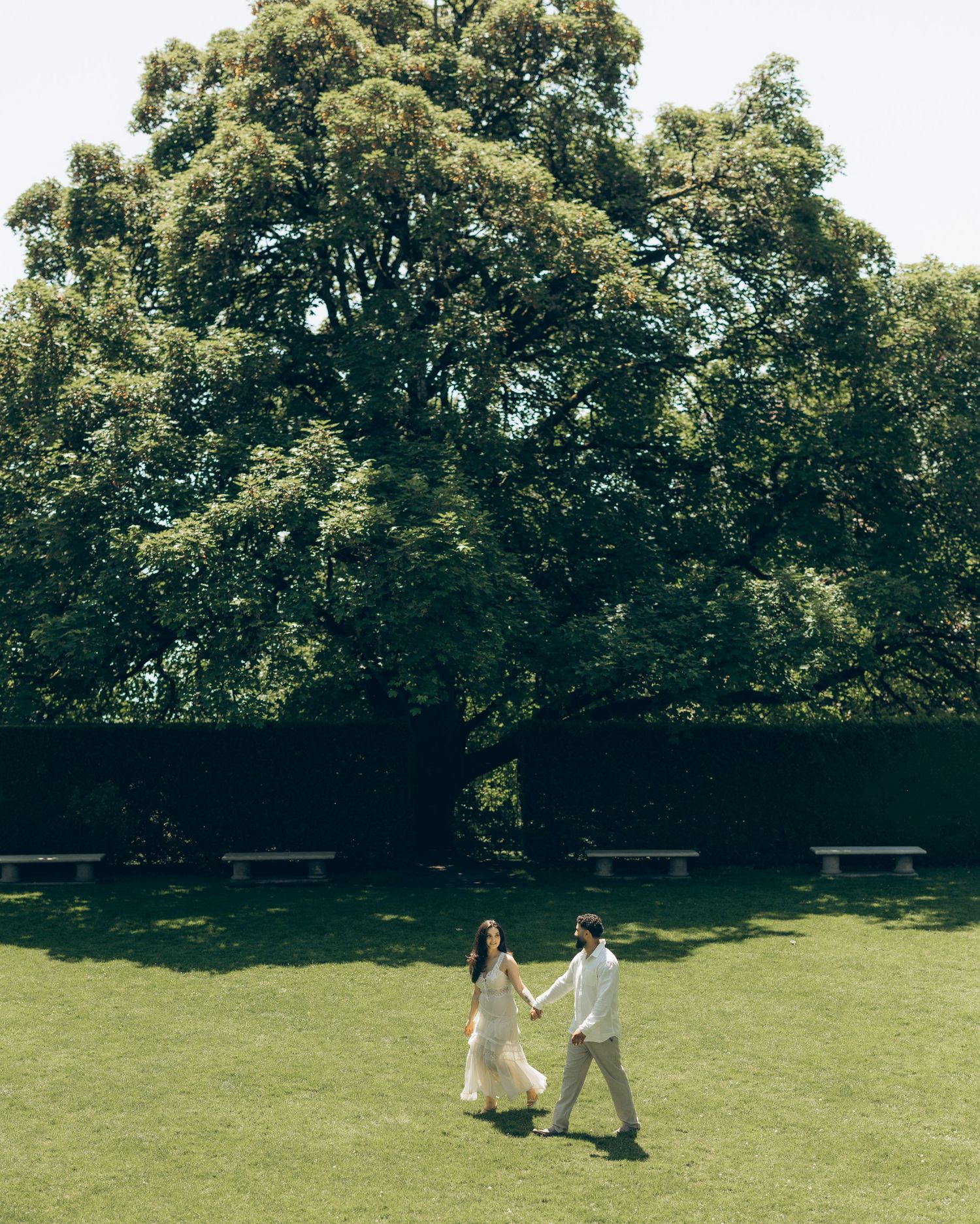 A couple walks hand in hand across a sunlit lawn with picnic benches and lush green trees in the background.