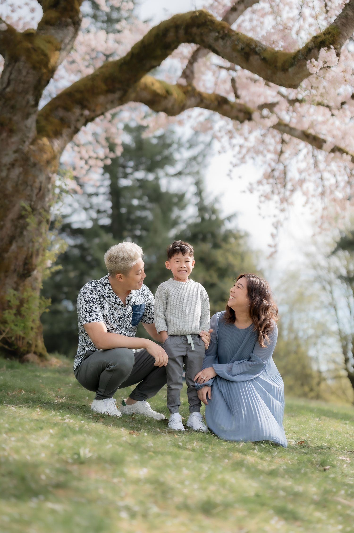 A family enjoys a tender moment together under blooming cherry blossom trees on a spring hillside.