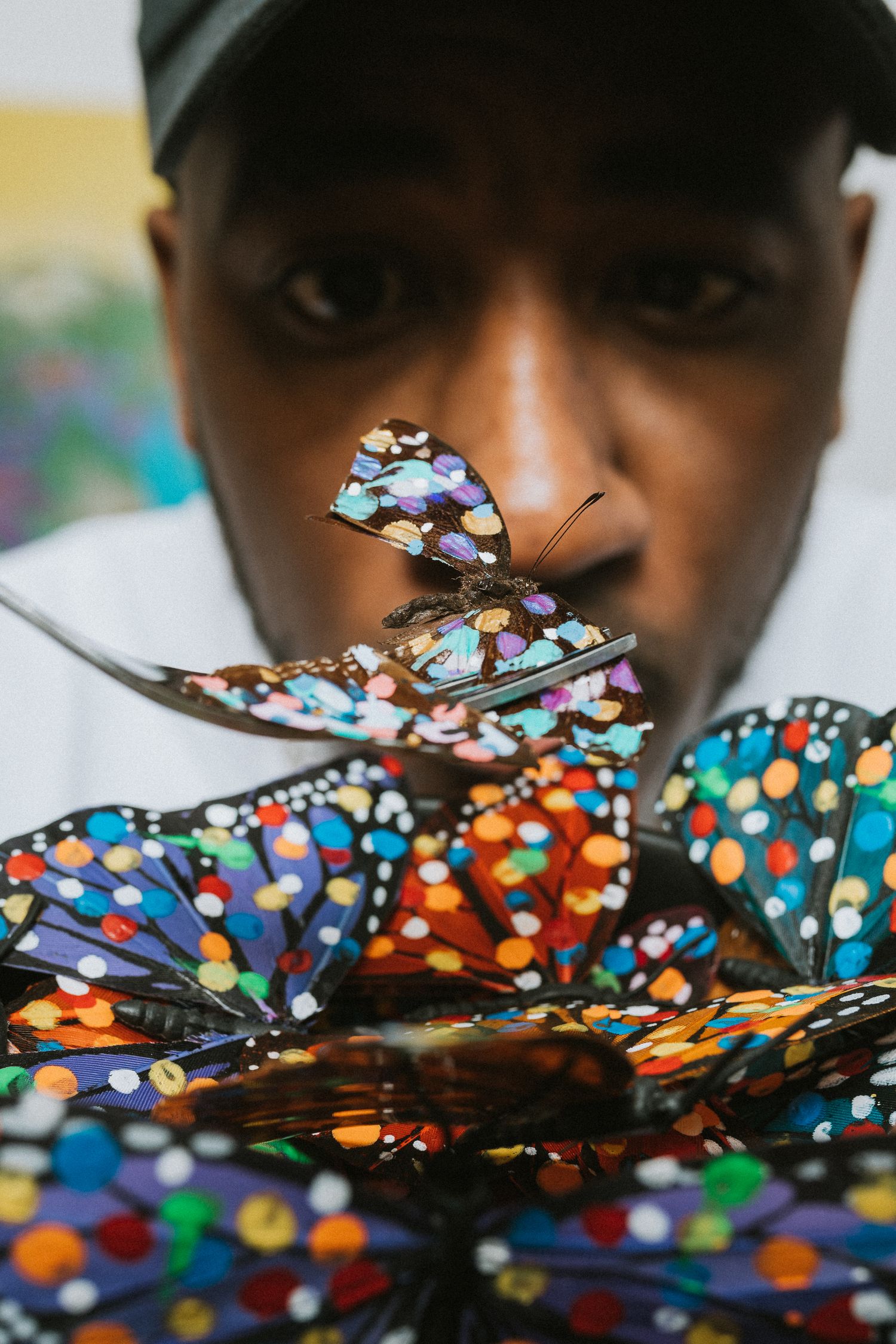 A close-up artistic photo sequence showing colorful butterfly wings with vibrant polka dot patterns.