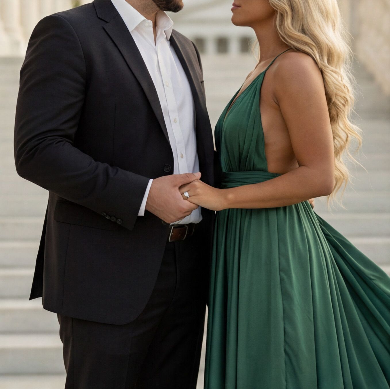 Romantic couple in formal attire holding hands on marble steps, with woman wearing an elegant emerald green gown.