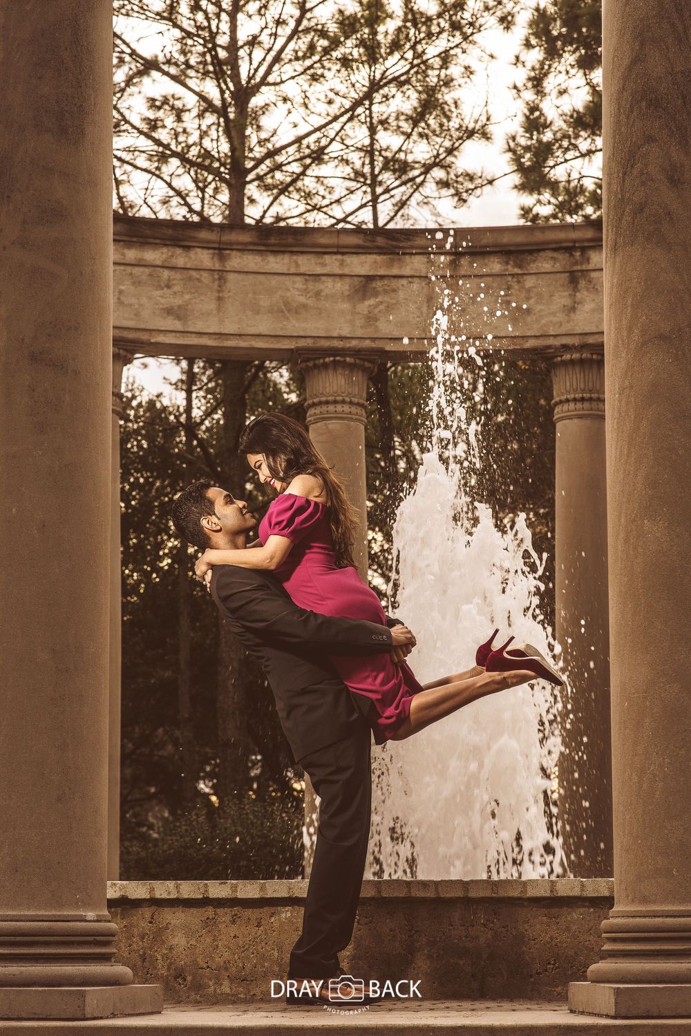 A sequence of dance lifts between partners shown in sepia tones against a columned backdrop at sunset.