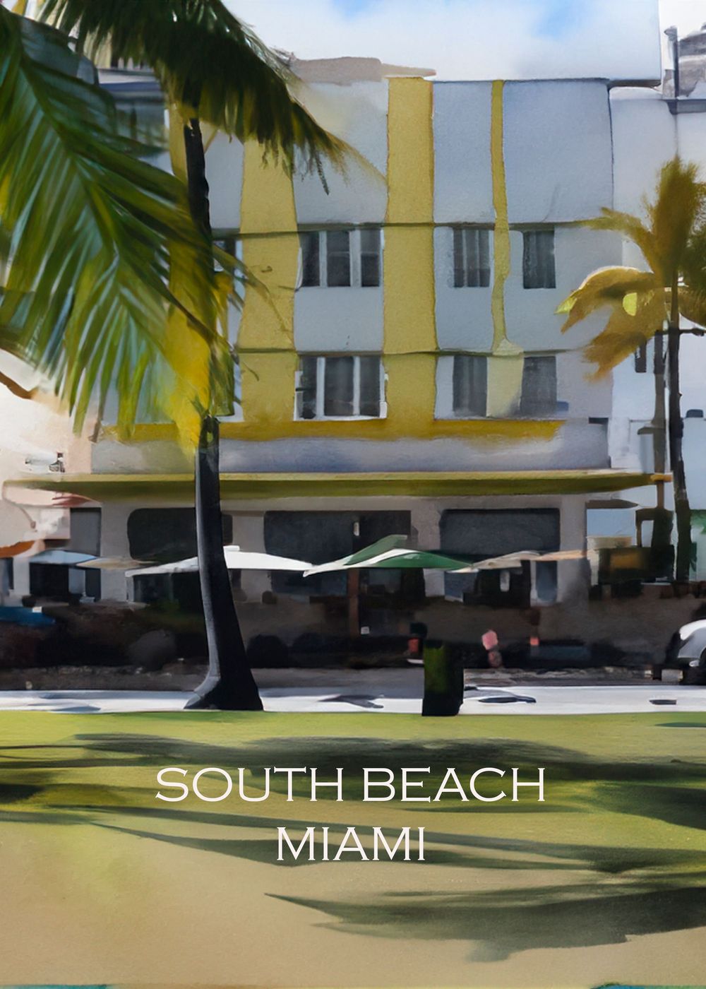 A classic South Beach Art Deco building stands beneath tall swaying palm trees, its yellow‑and‑white façade glowing under the Miami sun.