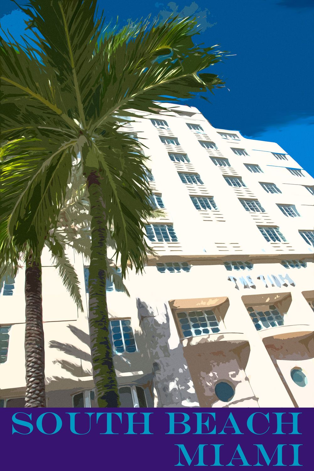 A bold, stylized illustration of a South Beach Art Deco hotel pops with vibrant colors, geometric lines, and towering palm trees.