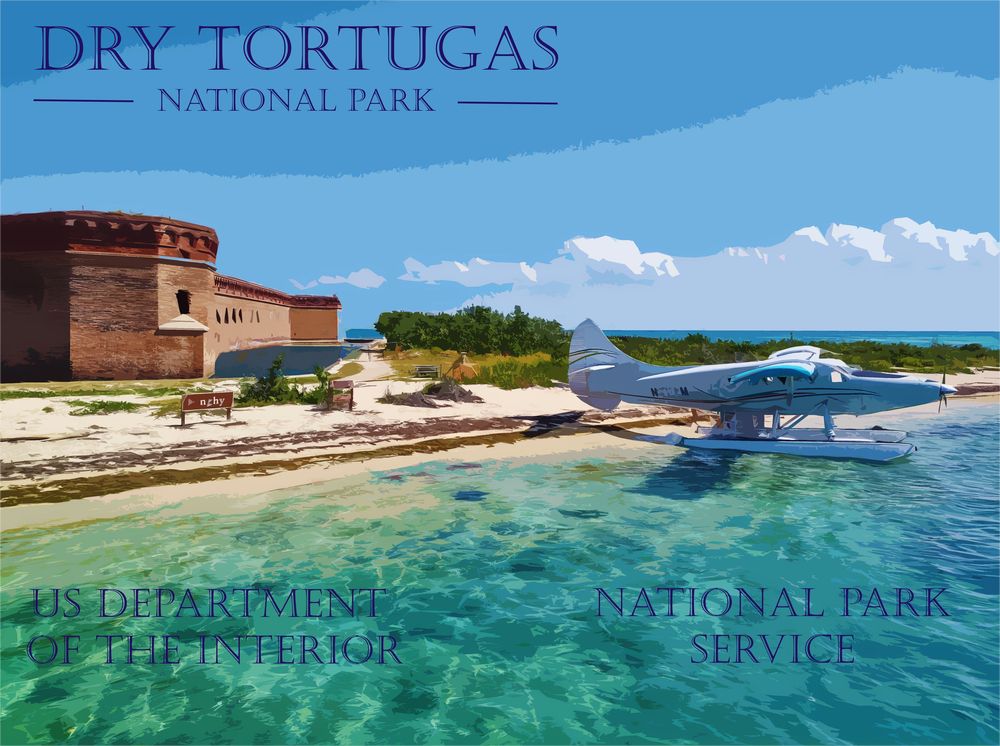 Illustrated Dry Tortugas scene with a historic fort, sandy shoreline, and a seaplane on turquoise water.