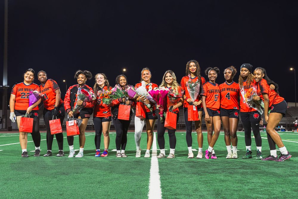 Girls flag football seniors posed picture