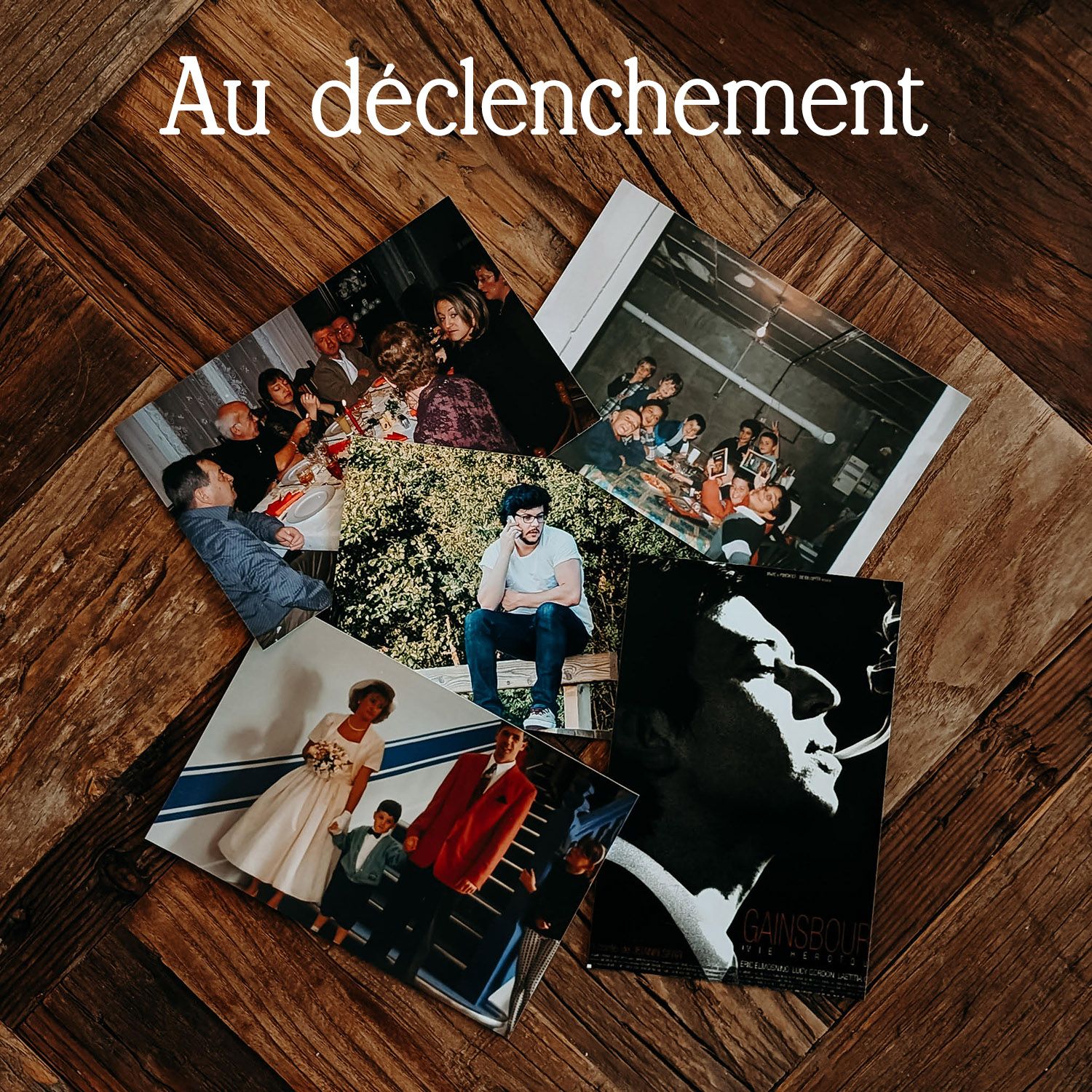 Black and white and color photographs scattered on a wooden floor, showing various lifestyle and personal moments.