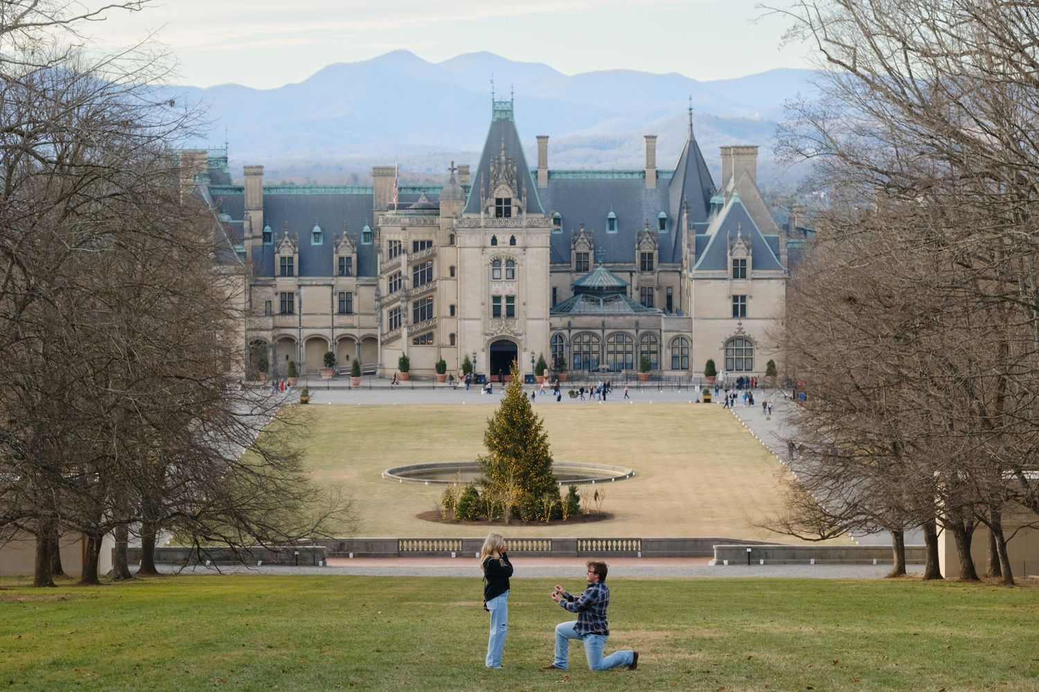 Surprise proposal at the Diana Lawn at Biltmore Estate in Asheville NC