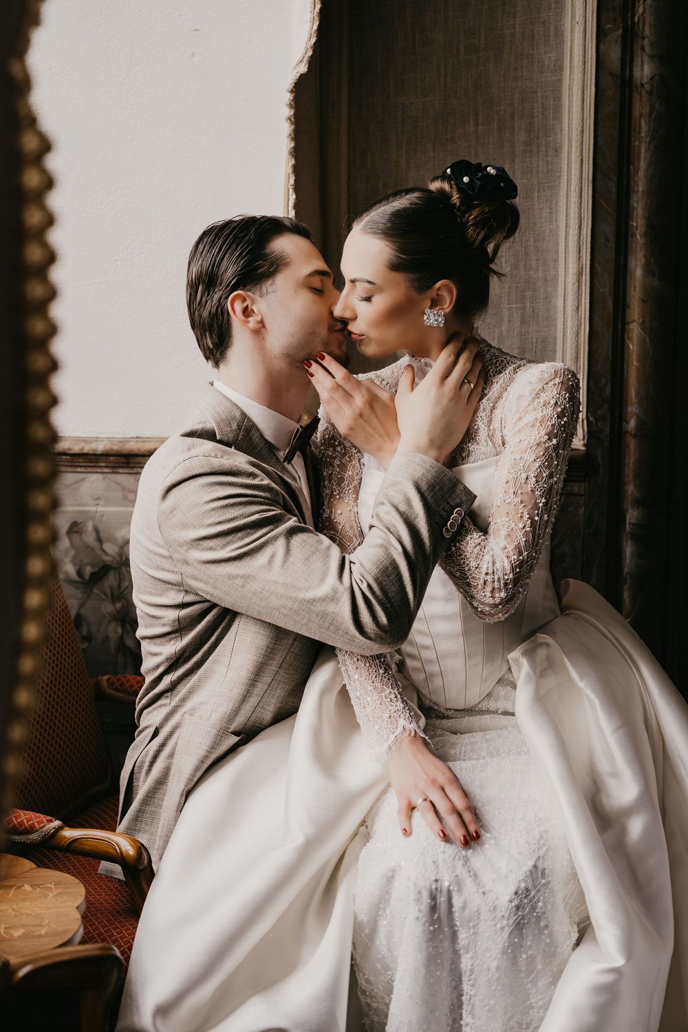 A romantic wedding couple shares intimate kisses in a series of three artistic photographs.