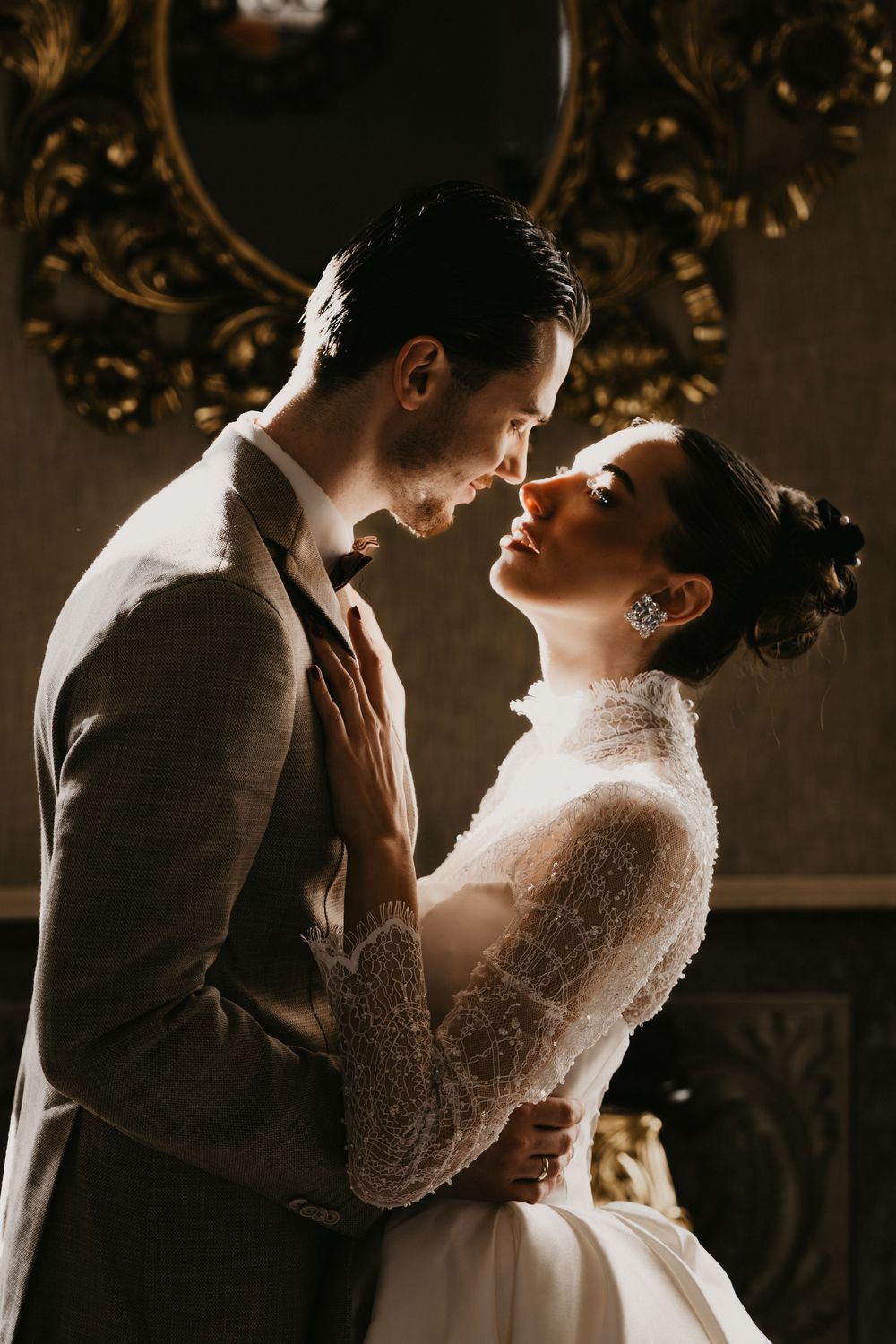 A romantic wedding couple shares an intimate moment in warm lighting across four sequential photos.