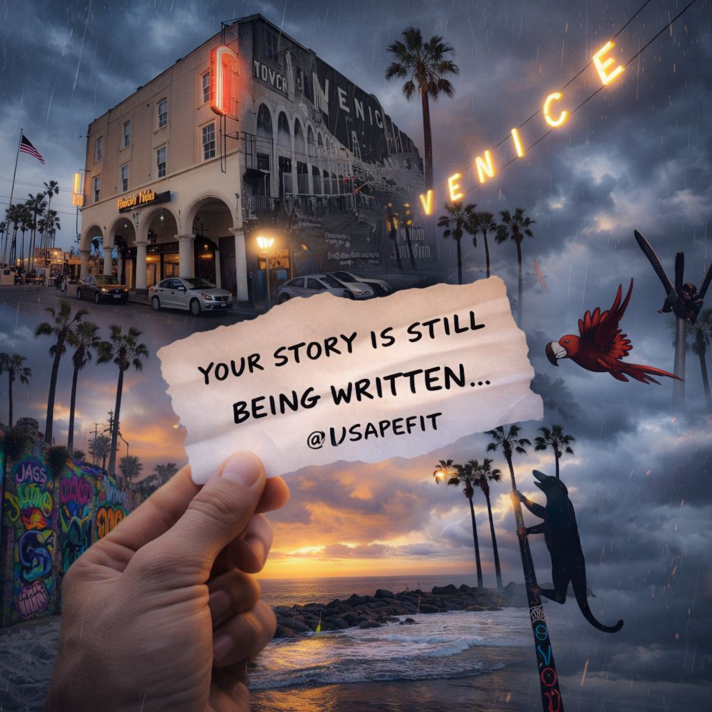 A collage of moody beach scenes with palm trees, sunsets, and handwritten notes creating an atmospheric coastal vibe.