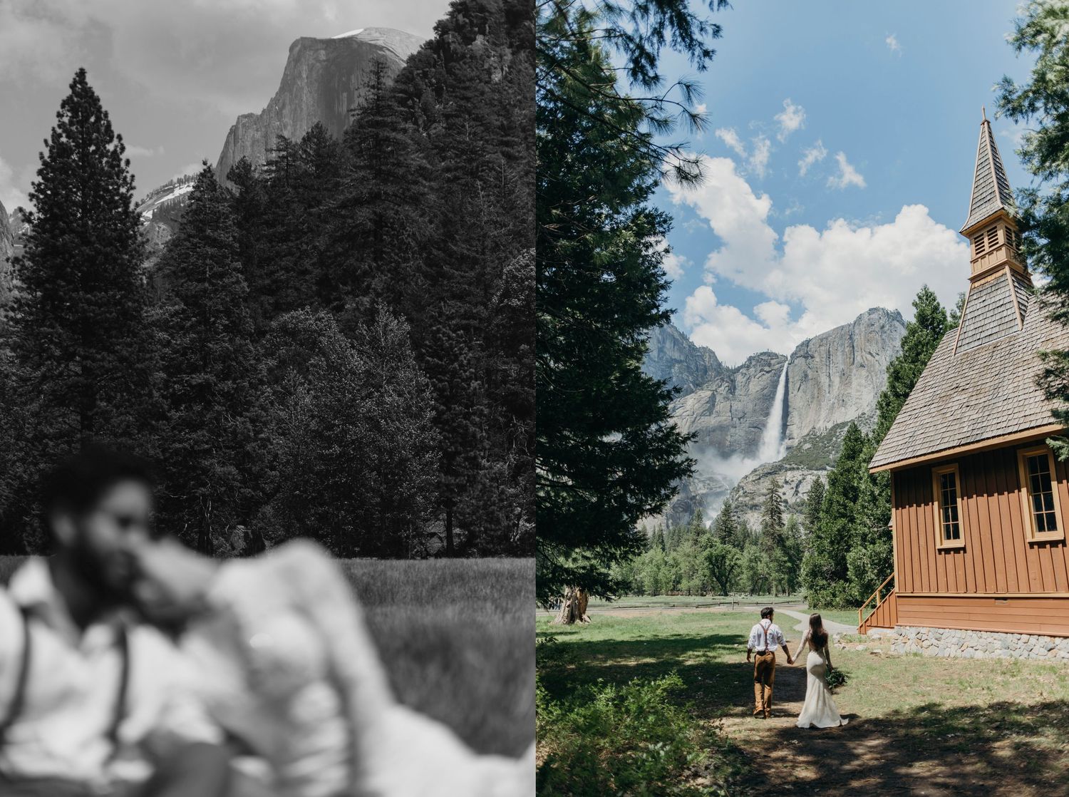 A scenic mountain landscape with multiple views of a wooden cabin and forest trees against dramatic rocky peaks.