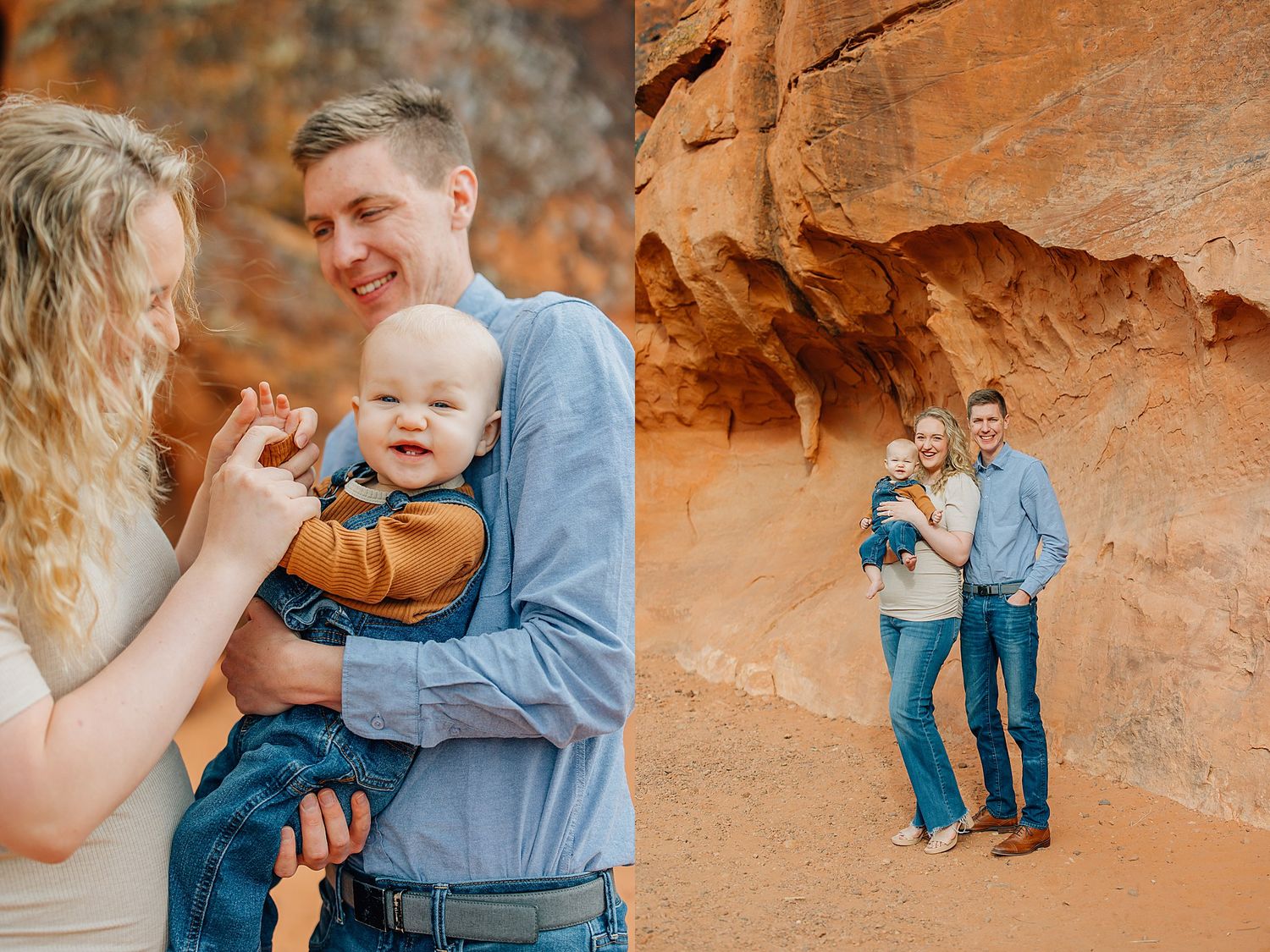 Family portrait session featuring casual attire and sweet interactions set against a backdrop of orange desert cliffs.
